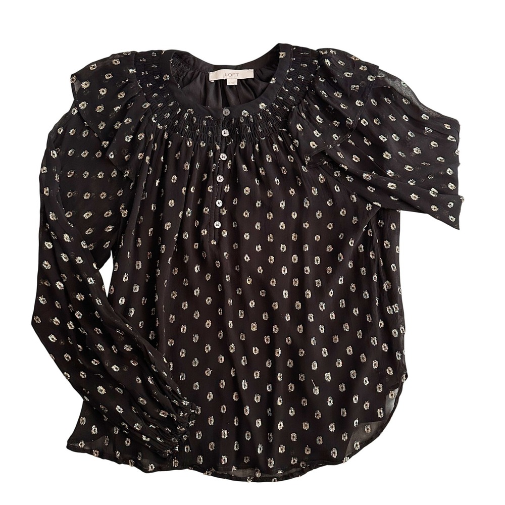 Loft Gold Metallic Clip Dot Black Long Sleeve Ruffle Blouse Women's Size Small